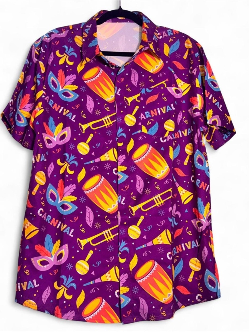 Carnival Print Button-Up Shirt in Purple with Bright Accents